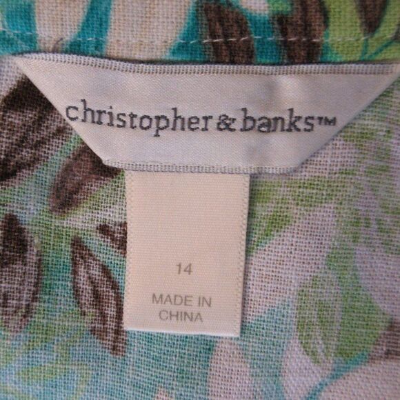 CHRISTOPHER & BANKS Linen Blend Midi Skirt Womens Size 14 Blue Green Leaf Print - Picture 6 of 12